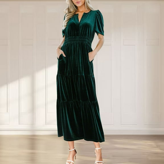 Wycnly Summer Dresses for Women Summer Dresses for Women Party Comfy Gold Velvet Elastic Waist Pleated Swing Pocket Dress Womens Fashion Solid V-Neck Short Sleeve Long Sun Dresses