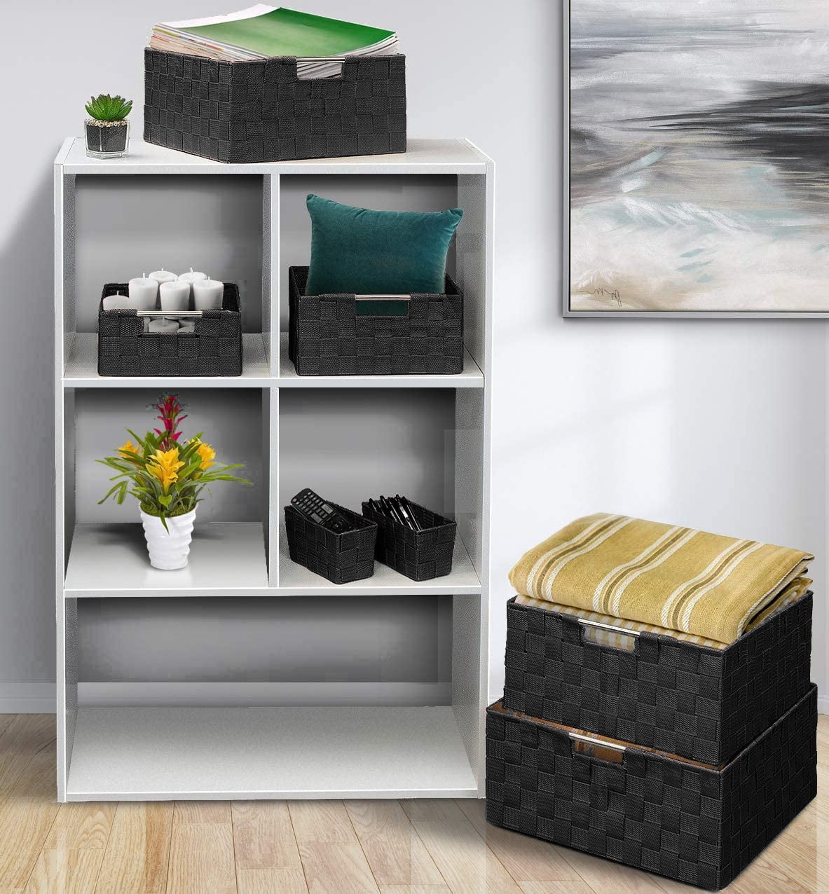 Sorbus Woven Fabric Storage Baskets, Handles, Set of 7