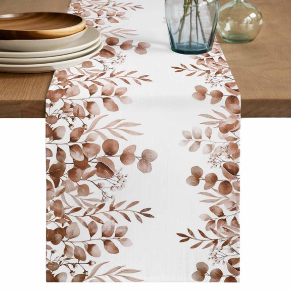 Table Runner 70 Inches Long for Kitchen Dining, Brown Red Eucalyptus Leaves Dresser Scarf Farmhouse, Dining Table Decorations for Wedding/Parties, Watercolor Spring Summer Botanical 13 x 70 In