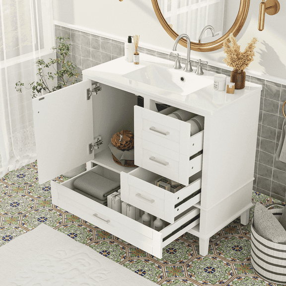 36-inch Bathroom Vanity with Ceramic Sink, Soft-Close Door & 3 Drawers - Solid Pine Wood Modern Storage Cabinet for Small Space, Easy Assembly & Overflow Protection