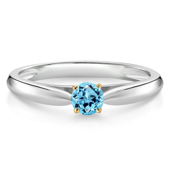 Gem Stone King 0.20 Ct Round Swiss Blue Topaz 10K White and Yellow Gold Solitaire Engagement Ring (Size 9)