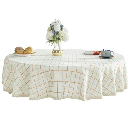 

Checkered Tablecloth With Lace thicken Cotton Linen Round Tablecloth Washable Soft And Breathable Table Cover For Living Room Balcony Garden Picnic Party-Beige-180cm