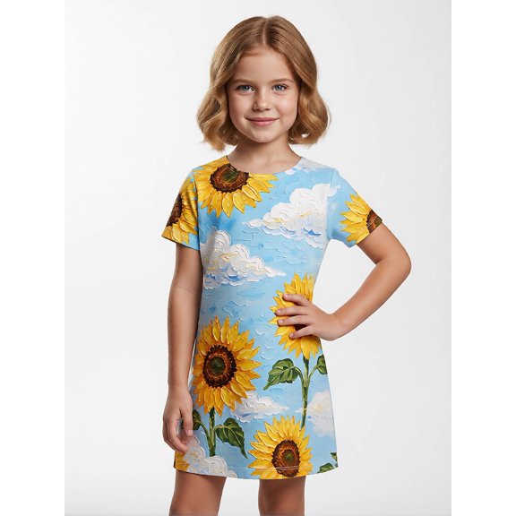 Trendy Versatile Girls Short Sleeve Dress Casual Dress Regular-Fit Everyday Look for Little Girls Age 5-10