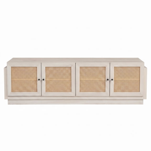 Furnibear Farmhouse TV Stand for TVs up to 75 Inches, 70 Inch Entertainment Center with PE Rattan Cabinet Doors and Adjustable Shelves, Rattan Media Console for, White