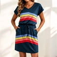 thumbnail image 4 of Levmjia Women's Casual Stripe Print Dress Short Sleeve V Neck Loose Fit Summer Dress with Drawstring Waist Front Pockets A Line Tunic Dress for Women, 4 of 6