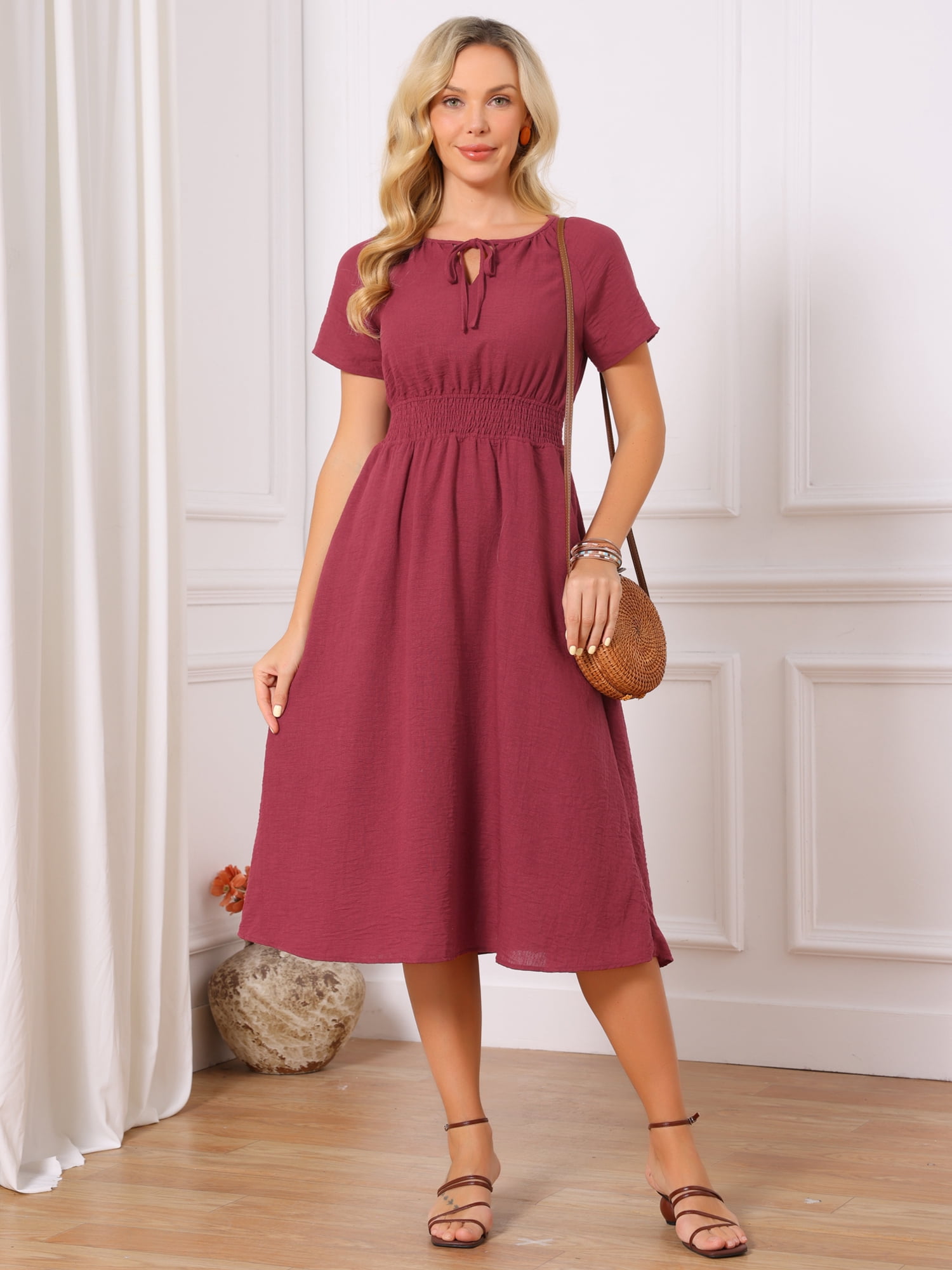 DARING DIVA Women's Smocked Tie V Neck Short Sleeve Flowy Midi Dress L Wine Red