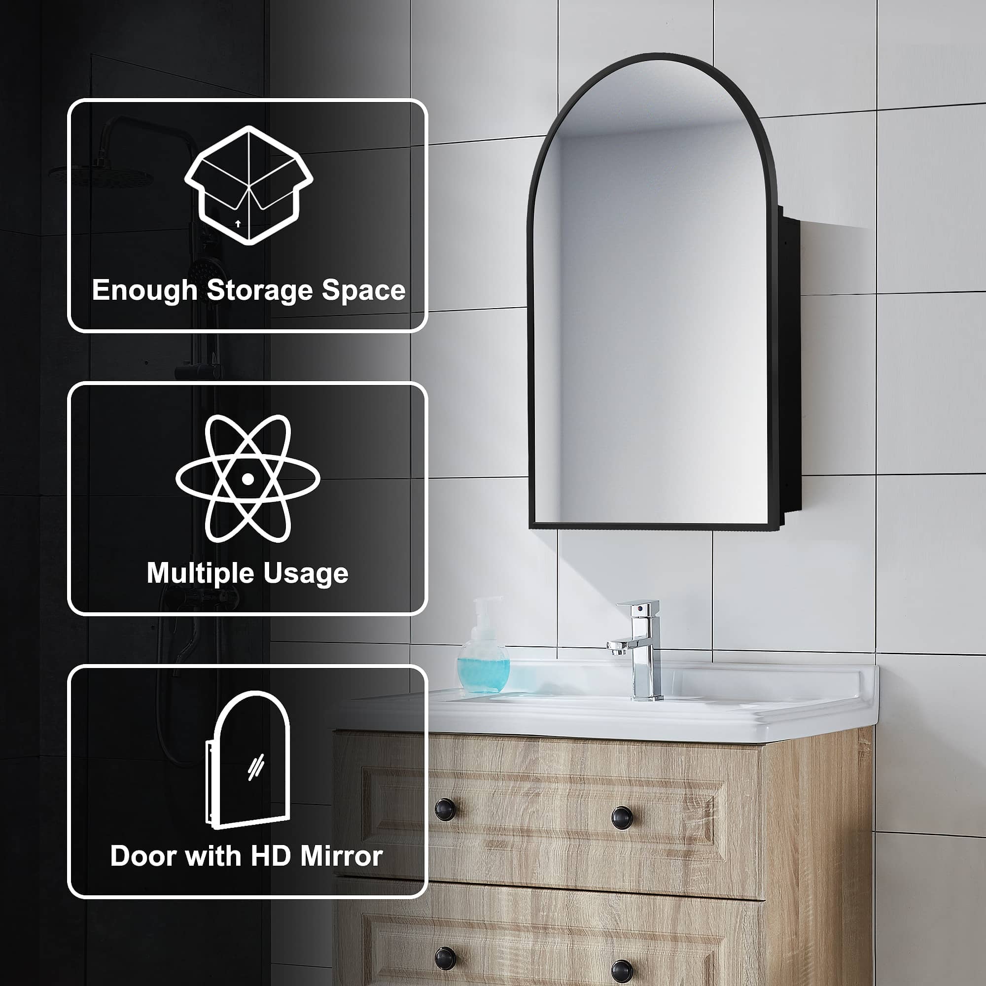 MAYEERTY 36"x24" Iron Rounded Arch Medicine Cabinet with Mirror for Bathroom , Black