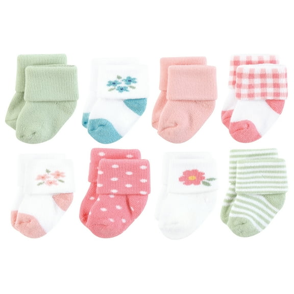 Hudson Baby Infant Girl Cotton Rich Newborn and Terry Socks, Coral Pretty Floral, 0-6 Months