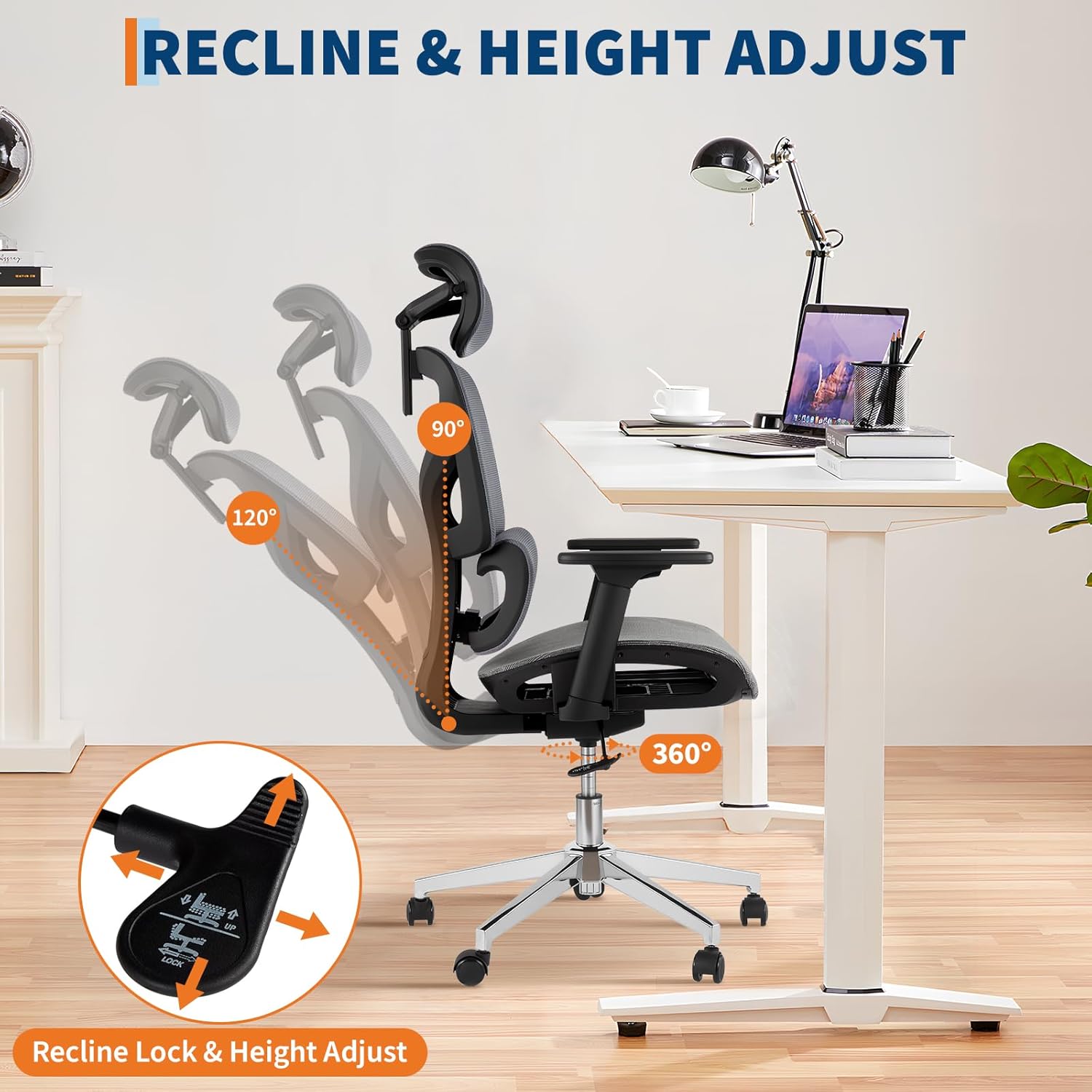 Ergonomic High Back Mesh Office Chair, Adjustable Armrest, Lumbar Support & Headrest, Slide Seat & Tilt Lock, Rolling Computer Desk Chair for Home Office, Gray