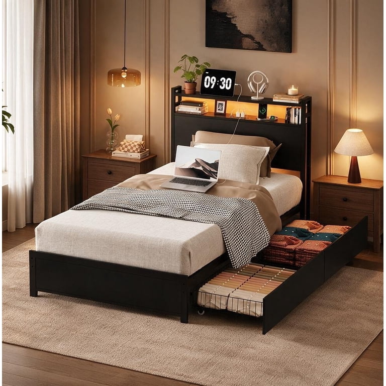 Zimtown Twin Bed with Storage Headboard and LED Lights, Black photo 1