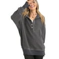 thumbnail image 3 of Women'S Oversized Long Sleeve Hoodie Button-Down V-Neck Sweatshirt Side Slit Casual Pullover Top Grey L, 3 of 9