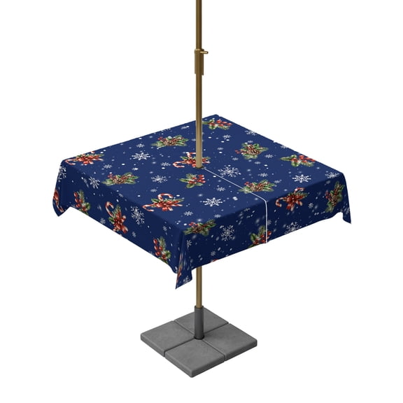 Outdoor Tablecloth with Umbrella Hole, Christmas Candy Canes Zippered Table Cloth for Rectangle Tables, Winter Snowflakes on Blue Washable Waterproof Tablecloths for Picnic Patio Garden