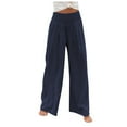 thumbnail image 2 of Women's Smocked High Waisted Cotton Linen Wide Leg Pants Palazzo with Pockets Blue M, 2 of 6