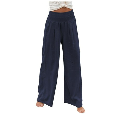 DENGDENG Cotton Palazzo Pants for Women Cotton Linen Fall Loose Fit Wide Leg Pants Elastic Flowy High Waisted Women Panties Solid Color Pleated with Pockets Womens Casual Pants for Work Navy XL