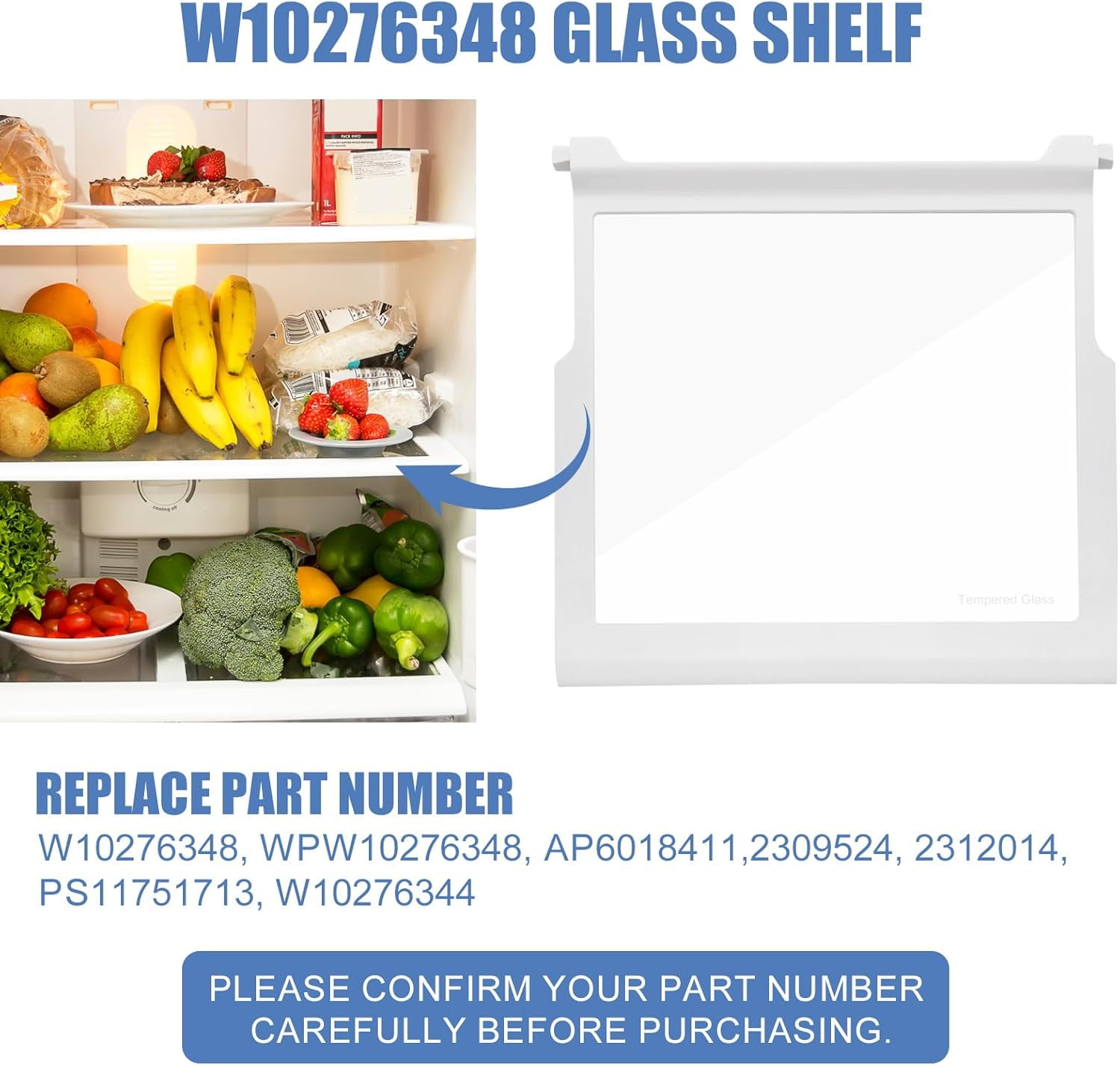 WPW10276341 Refrigerator Glass Shelf Assembly Compatible With Whirlpool, Kenmore, Maytag Refrigerator Shelf Replacement - Replaces AP6018409, W10276341, 1566982