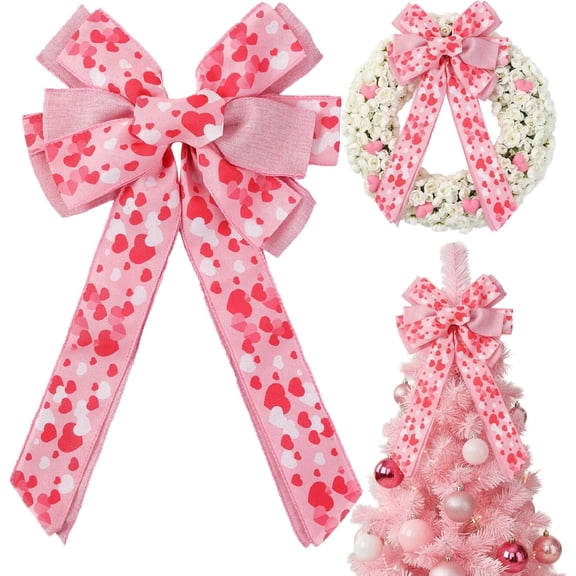 YOSUOPOC Valentine Bow for Wreath and Tree Topper, 19.6x11.4 Inch Holiday Decor with Hearts