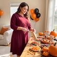 thumbnail image 3 of Agnes Orinda Women's Plus Size Halloween Outfits Dress Wedding Guest Work Midi Notched V Neck 3/4 Sleeve A-Line Dresses 1X Burgundy, 3 of 7
