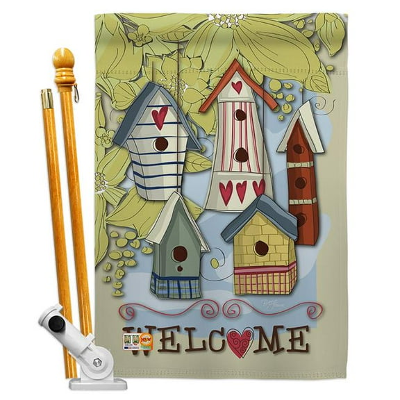 Breeze Decor BD-SH-HS-100044-IP-BO-D-US12-BD 28 x 40 in. Welcome Birdhouse Village Inspirational Sweet Home Impressions Decorative Vertical Double Sided House Flag Set with Pole Bracket Hardware
