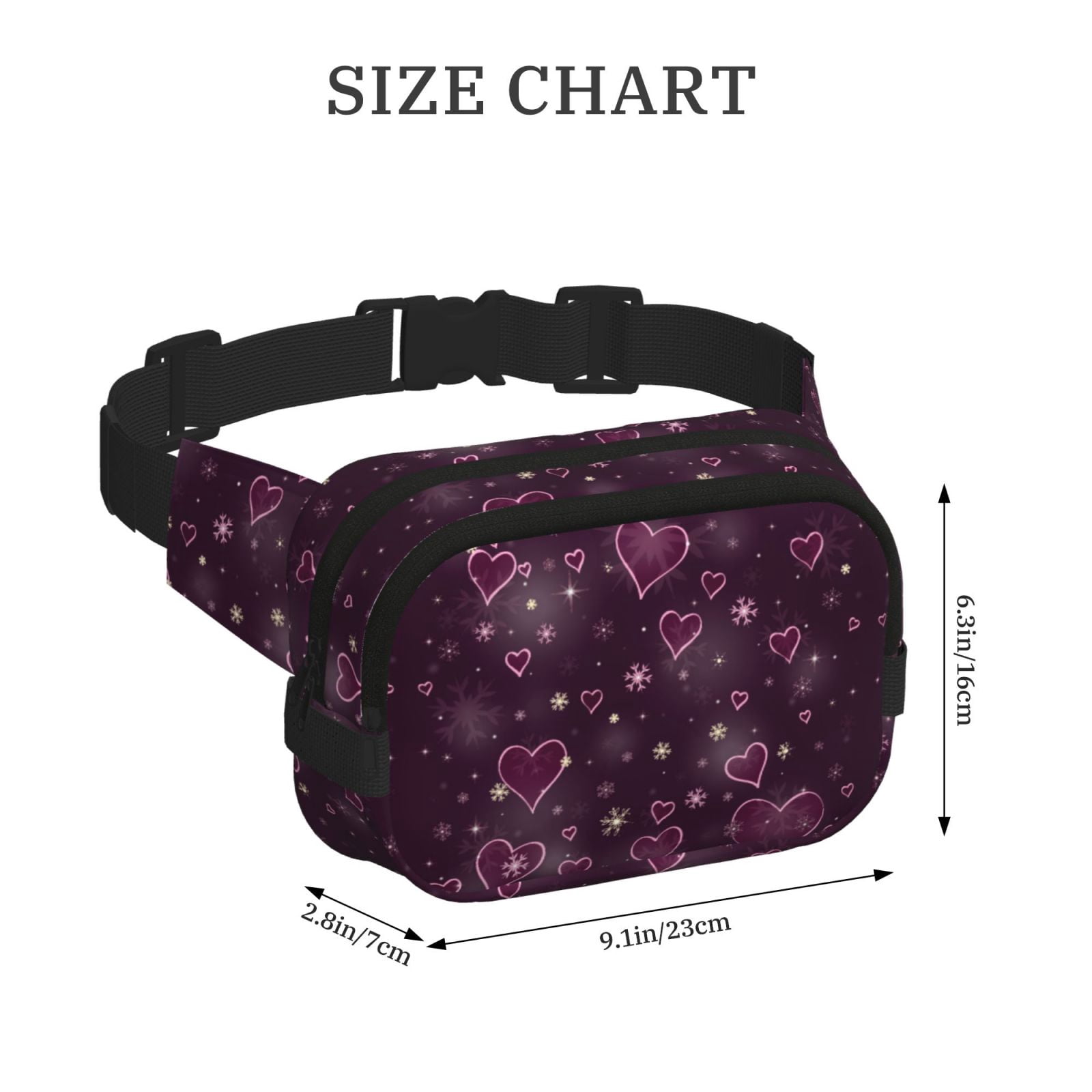 Picia Snowflakes and Hearts Print Square Double-Layer Waist Bag Mini Adjustable Waist Belt Bag Exercise Running Travel Hiking