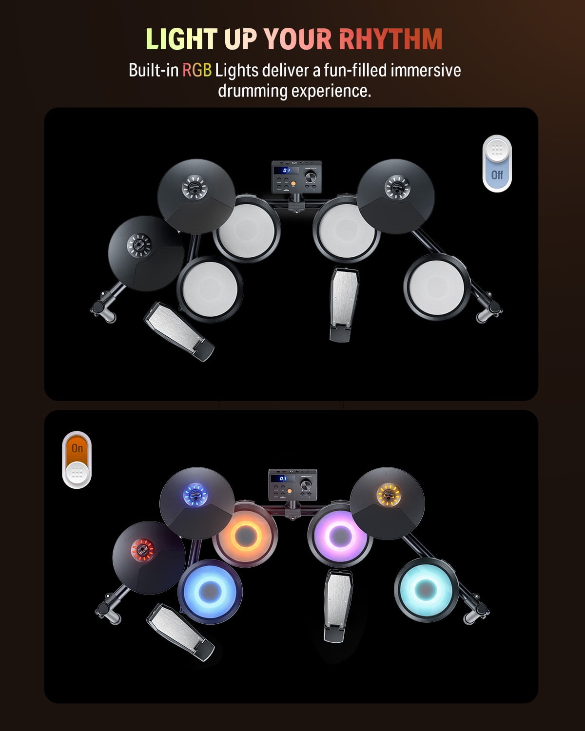 Donner Electric Drum Set with LED Light Up, 150 Sounds, 15 Drum Kits, Type-C Charging, with Throne, Headphones, Sticks, Melodics Lessons