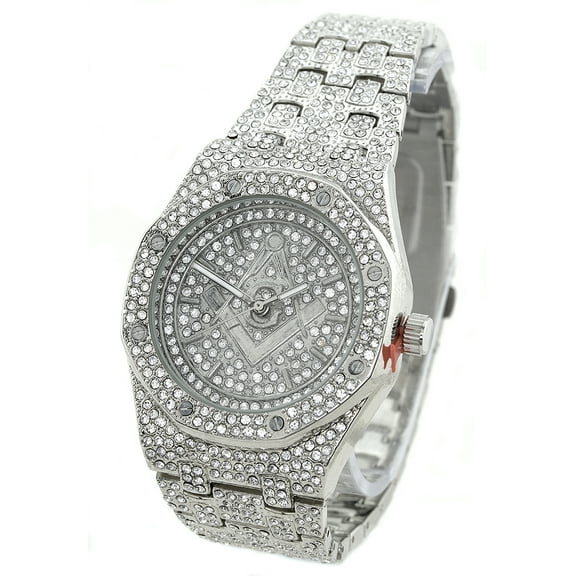 Men's masonic logo silver tone CZ clubbing watch 41.5mm 11.5mm thick case.