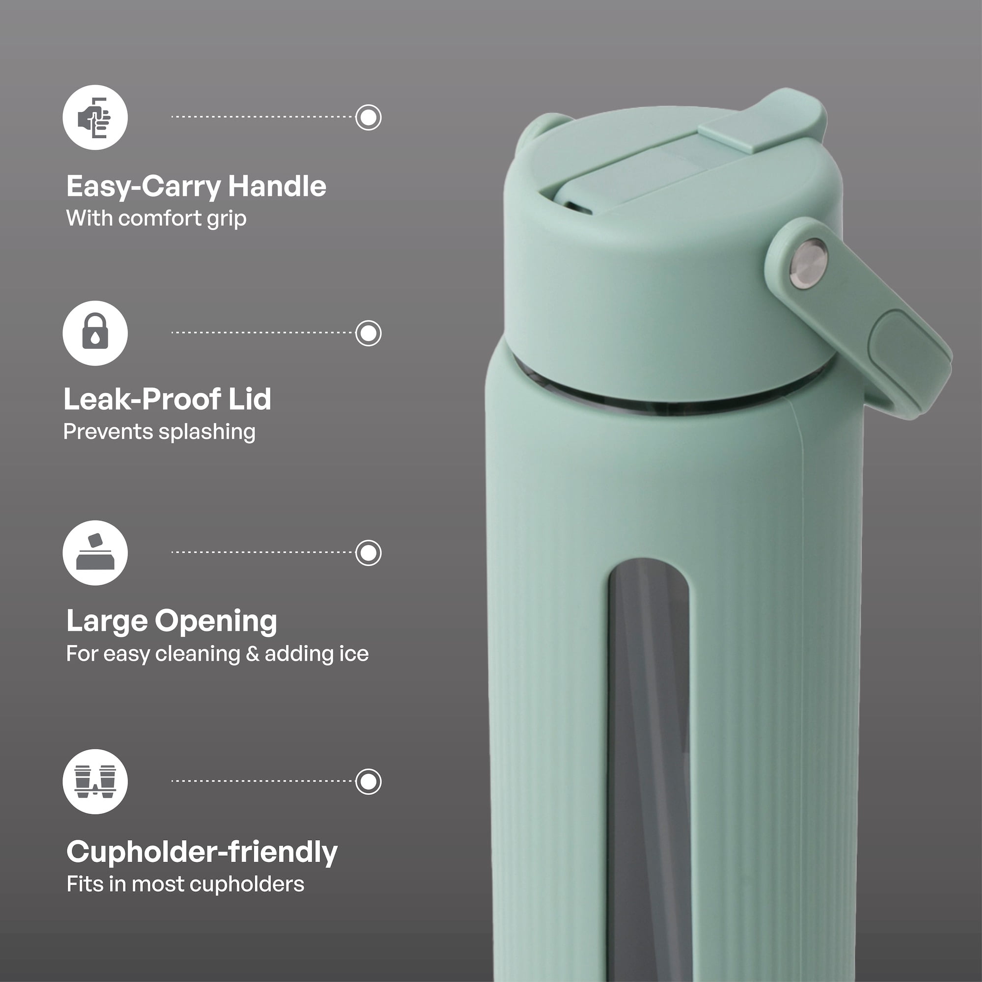 TAL 24oz Glass Willow Water Bottle with Flip-up Straw and Handle, Sage
