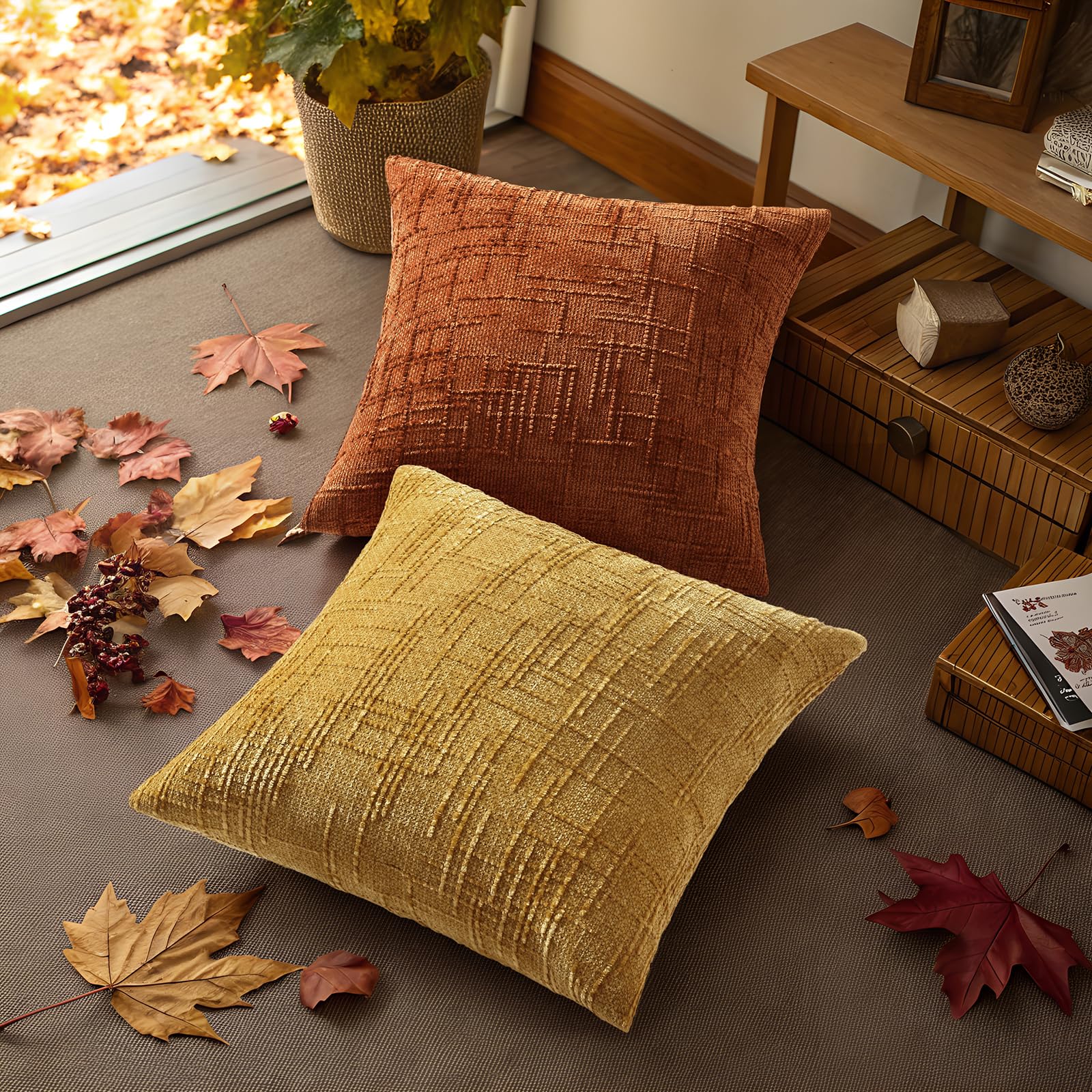HAPPINESS Chenille Throw Pillow Covers 22x22 Set of 2 Thick Textured Slubby Couch Pillow Covers Farmhouse Accent Modern Neutral Decorative Pillow Cases for Bed Sofa Living Room