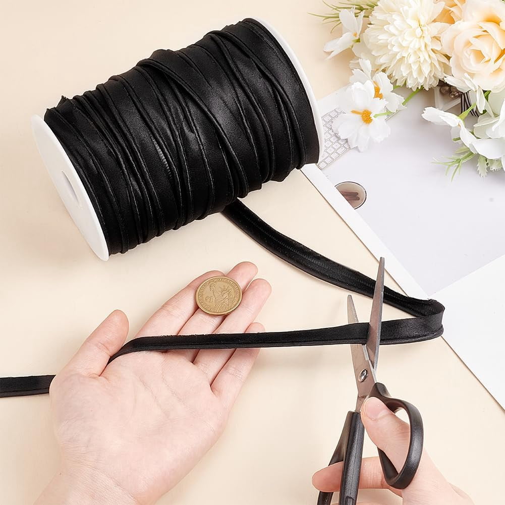 55 Yard Satin Piping Trim 1/2 Inch Black Bias Tape Cord with Cotton Rope Inside Bias Piping Ribbon for Costumes and Upholstery
