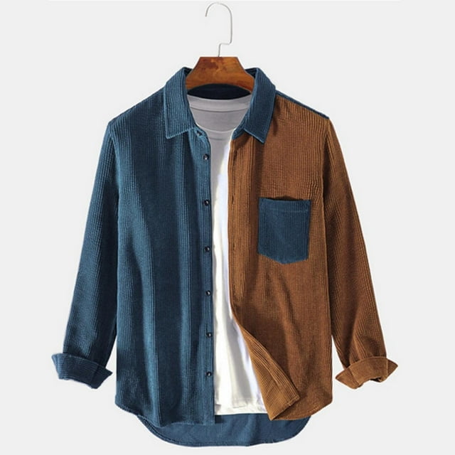 Mens Shirts Sale Clearance! Mens Shacket Patchwork Long Sleeve Button Down Corduroy Shirts for Men
