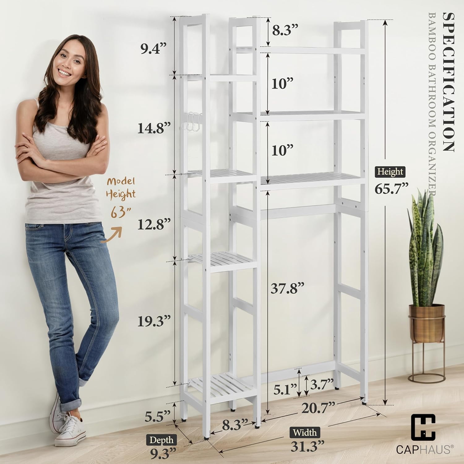 CAPHAUS Bamboo Over The Toilet Storage, Behind Toilet Bathroom Shelf Rack with Hooks & Adjustable Feet, 31-Inch Freestanding Toilet Shelf, Bathroom & Laundry Organizer, Balcony Plant Stand, White