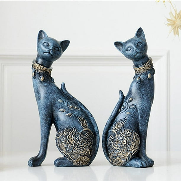 Sculpture de chat bleu en céramique : statue chat pop art déco