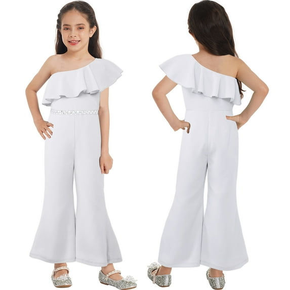 iiniim Girl's Sparkly Party Romper Dress One Shoulder Casual Flare Pants High Waisted Ruffles Jumpsuit 6-16 White 8