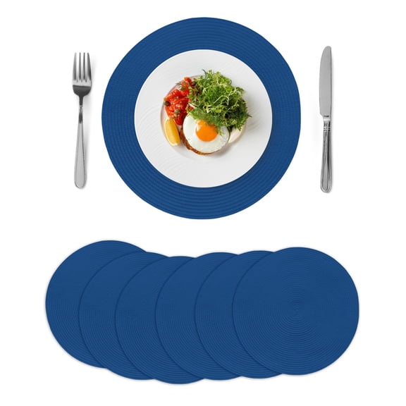 Pure Navy Blue Round 15 Inch Placemats Set of 6, Simple Solid Color HeatResistant Non Slip Place Mats for Dining Table, Wipeable Braided Kitchen Table Mats for Housewarming