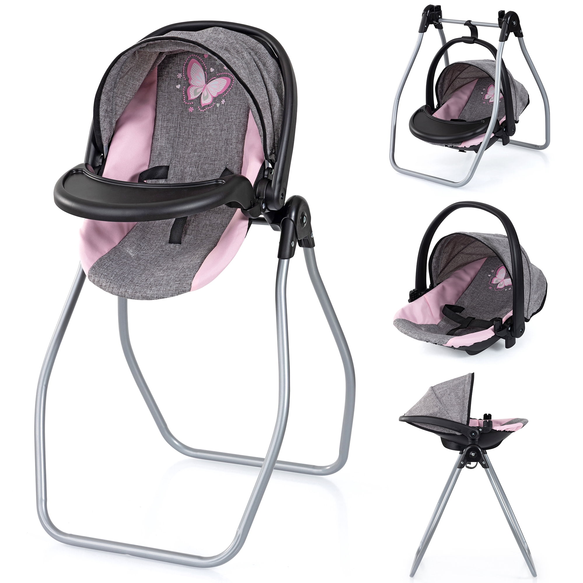 Bayer Design: Doll 4-In-1 Vario - Grey-Pink-Butterfly - Convertible Toy: Highchair-Swing-Bed-Car Seat, All-In-1 Care Accessory Fits 18" Dolls, Kids 3+