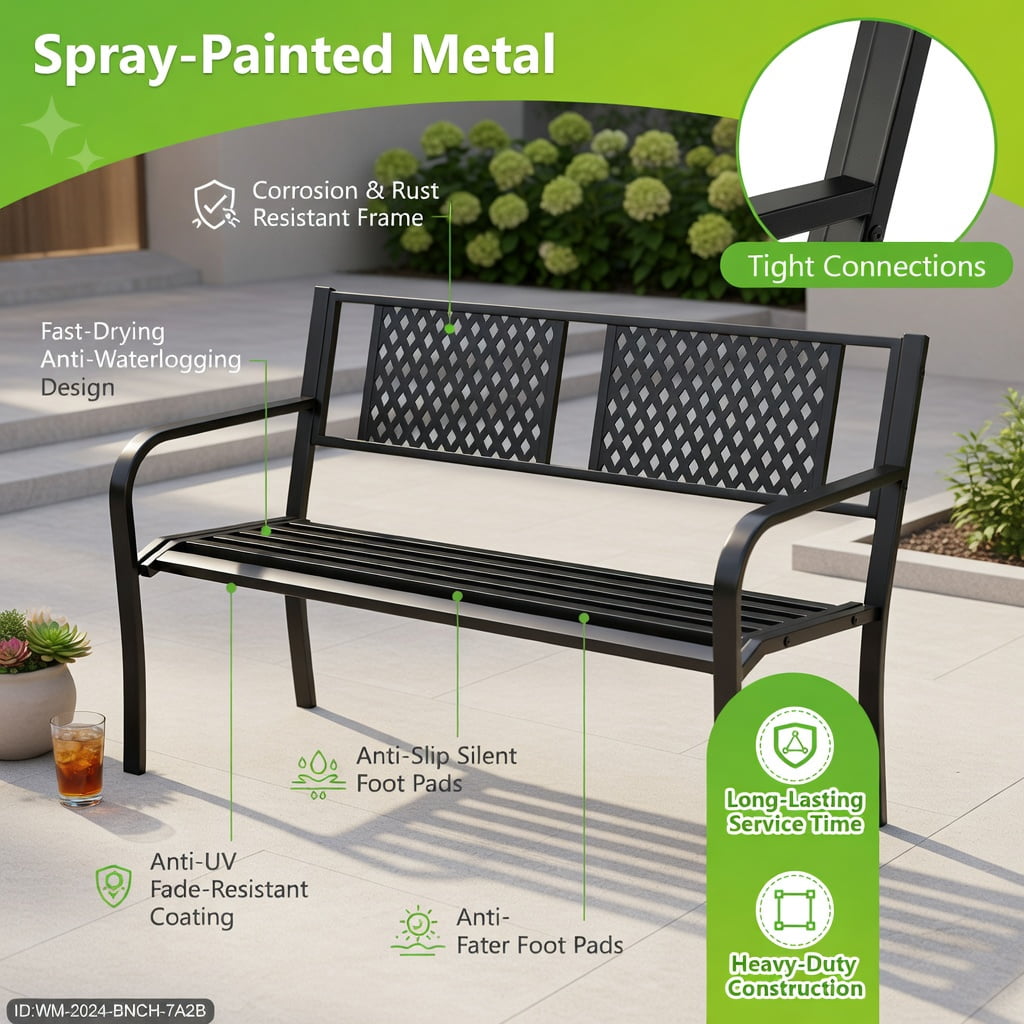 Hommoo Heavy-Duty Metal Outdoor Bench for Patio, Garden, Porch, 2-3 Person Loveseat with Ergonomic Backrest & Curved Armrests, Black