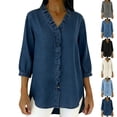 thumbnail image 6 of Women's 3/4 Sleeve Shirts V Neck Button Down Ruffle Trim Shirts Summer Casual Loose Faux Denim Comfortable Lightweight Tops, 6 of 6