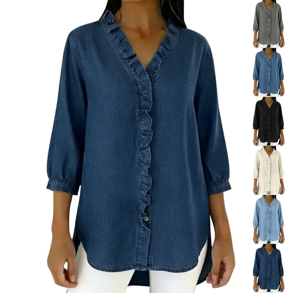 Women's Casual V Neck Ruffled Three Quarter Sleeve Tops Shirts Blouses Faux Denim Solid Color Loose Fit Tunic for Daily Wear Business Office Vacation Fashion Essential Gift for Women