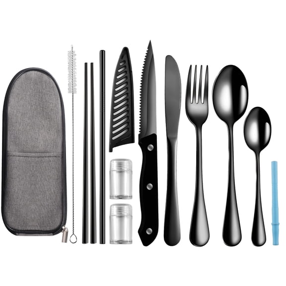 Travel Utensils with Case, 10 Piece Reusable Utensils Set with Case, Portable Travel and Camping Cutlery Set, Stainless Steel Flatware Set for Work, Camping, School, and Picnics (Black)