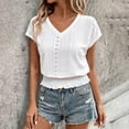 thumbnail image 4 of LEKWK Eyelet Tops for Women V Neck Short Sleeve Casual Summer Shirts Fashion Smocked Waist Solid Crop Top Beach Vacation Going Out Outfits, 4 of 5