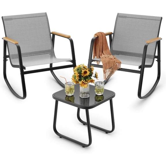 3 Pieces Patio Furniture Set, Outdoor Textilene Furniture Set with Wooden Armrests, Coffee Table with Tempered Glass Tabletop, Patio Chairs for Lawn, Balcony, Grey