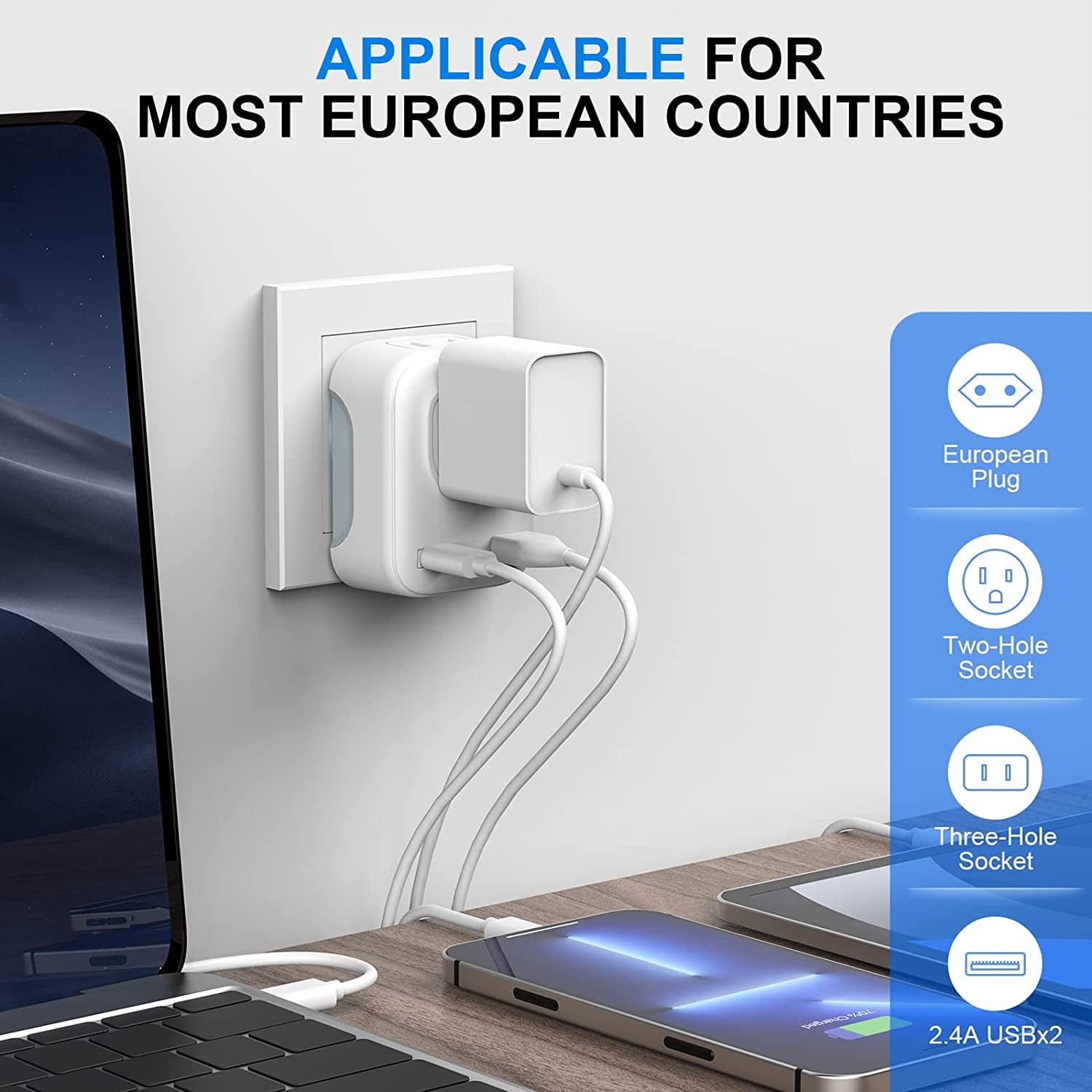 Juyafio Converter Plug Universal Adapter, 4 in 1 European Power Plug Adapter, 0.2lb US to Europe Plug Adapter, International Plug Adapter and Converter, Power Converter for International Travel