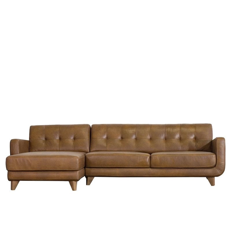 Mid Century Modern Davis Tan Genuine, Genuine Leather Sectional Sleeper Sofa