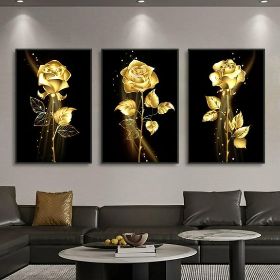 3 Pieces Gold Rose Black Canvas Painting DIY Nordic Modern Living Room Wall Art Decorative Painting Wall Art Poster Printed Canvas - Frameless