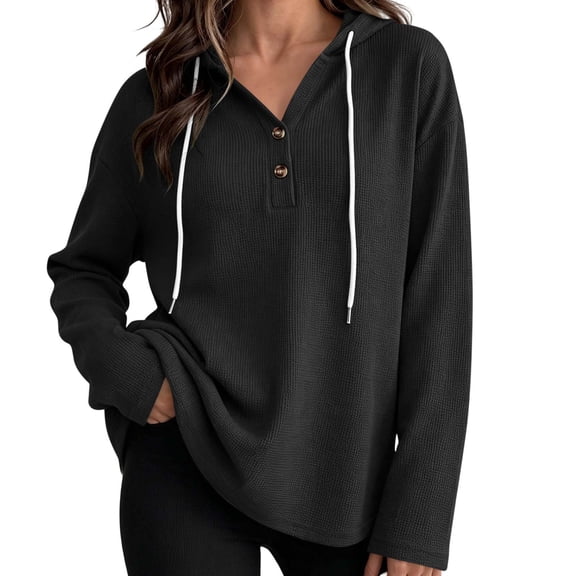 Qgtaibl Long Sleeve Hoodies for Women Waffle Knit Button V Neck Henley Shirts Drawstring Hood Loose Fit Casual Pullover Tops Black XXL
