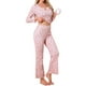 thumbnail image 4 of Conjuntos de pijama para mujeres INSPIRE CHIC con estampado de cerezas, blusa de cuello en V con volantes de manga larga y pantalones, ropa de casa de 2 piezas, L Rosa, 4 of 5