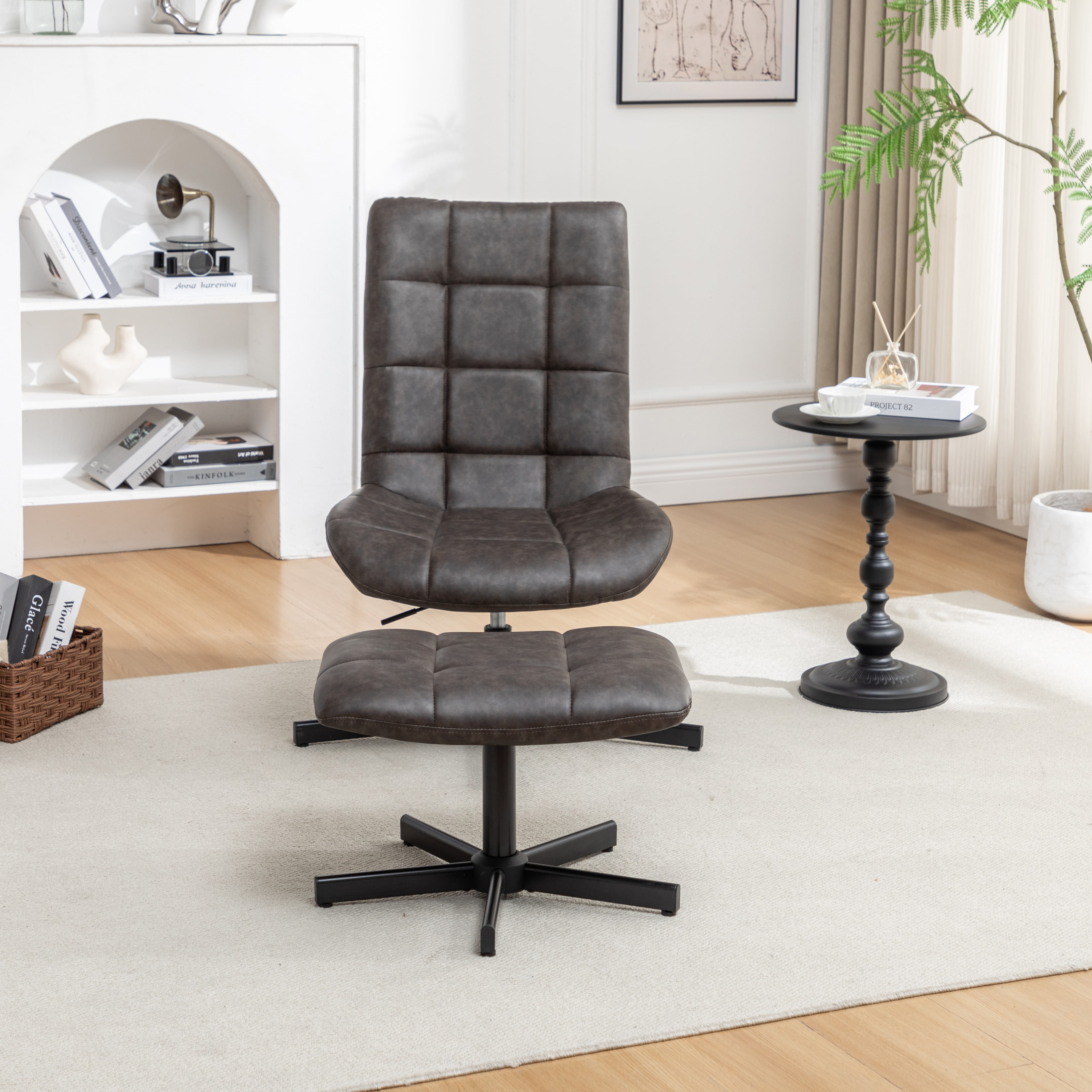 Roundhill Furniture Arlena 2-Piece Seating Set, Faux Leather Tufted Accent Chair and Ottoman, Brown