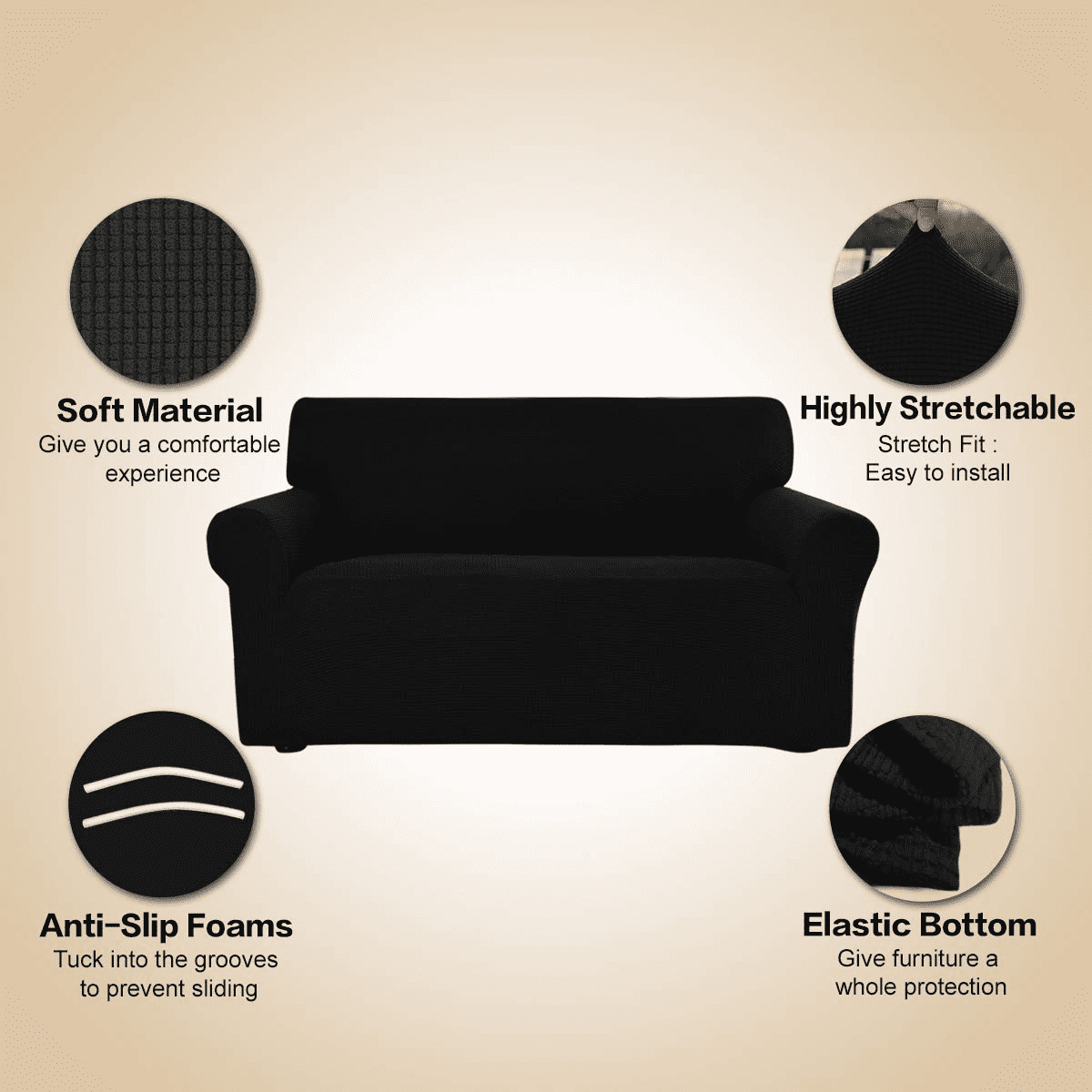 DUANJY Premium Water Repellent Sofa Cover, Stretch Sofa Couch Slipcover Furniture Protector, Small Checks Super Soft Fabric Couch Cover Black