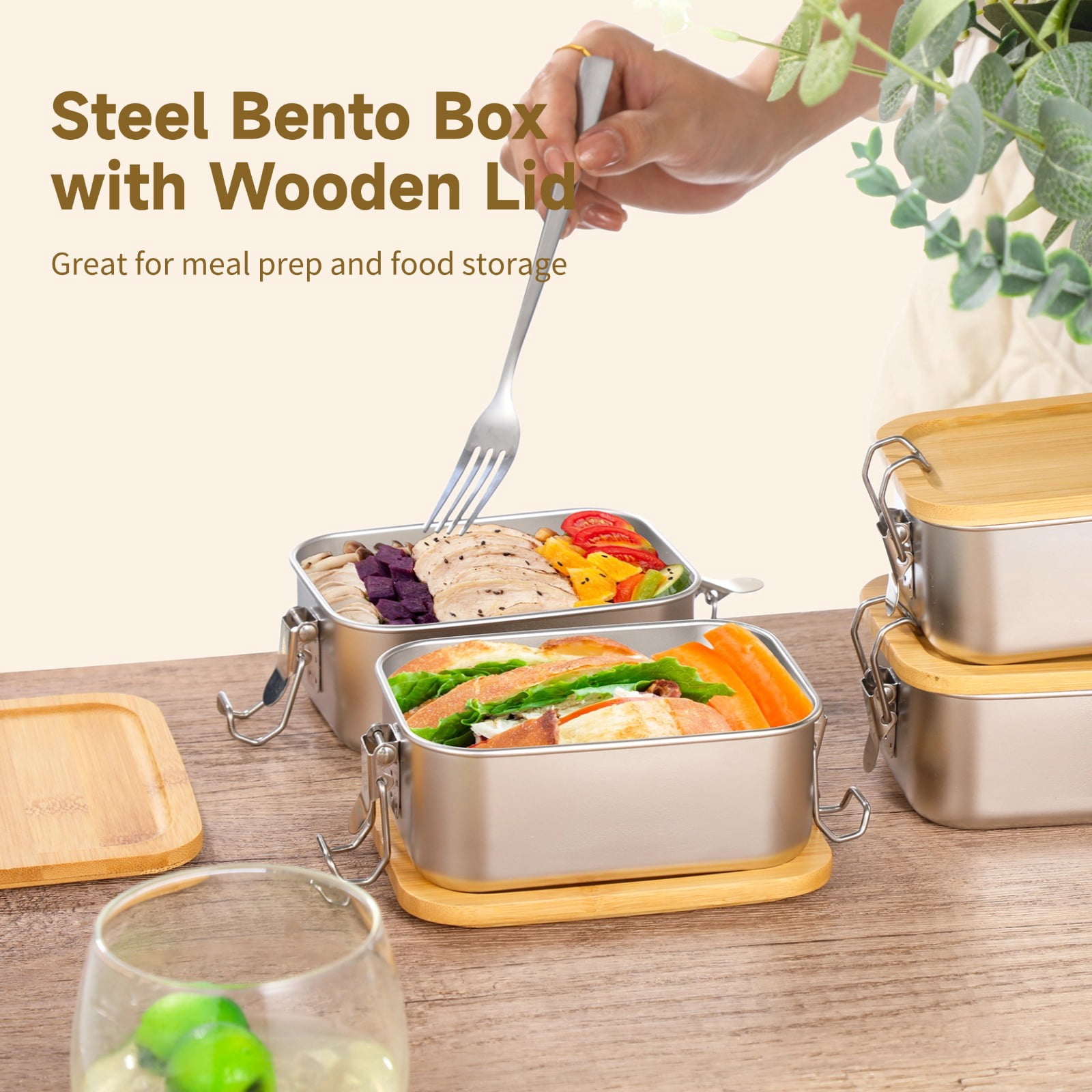 4 Pack 18.6oz Bento Box set with Wooden Lid - Stainless Steel Bento Boxes | Leak-Proof Metal Lunch Containers with Secure Buckles, Reusable for Picnics, Work & Meal Prep