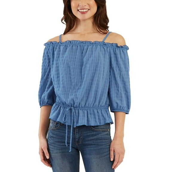 BCX Juniors' Off-The-Shoulder Top Color Denim Large B4HP
