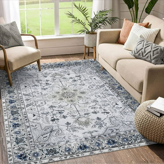 Garvee 8'x10' Area Rug Vintage Retro Distressed Rug Boho Floral Rug Low Pile Non-Slip Medallion Carpet Rug for Dining Room Home Office, Gray